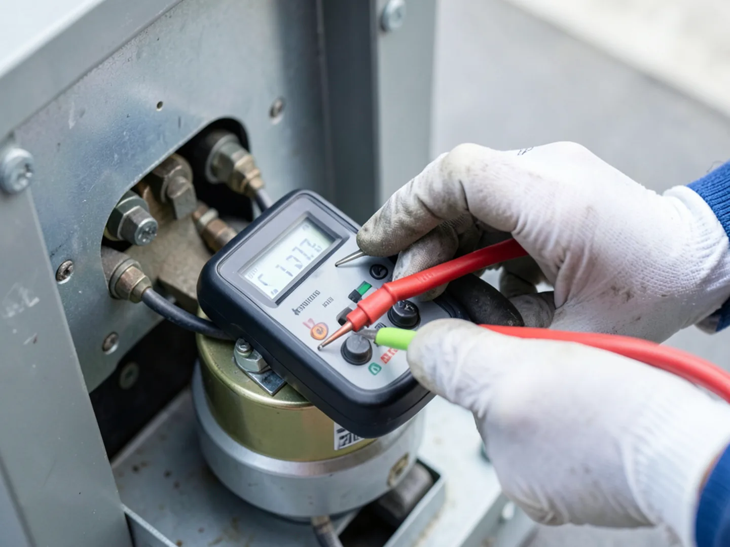 HVAC technician testing electrical capacitor in Raleigh