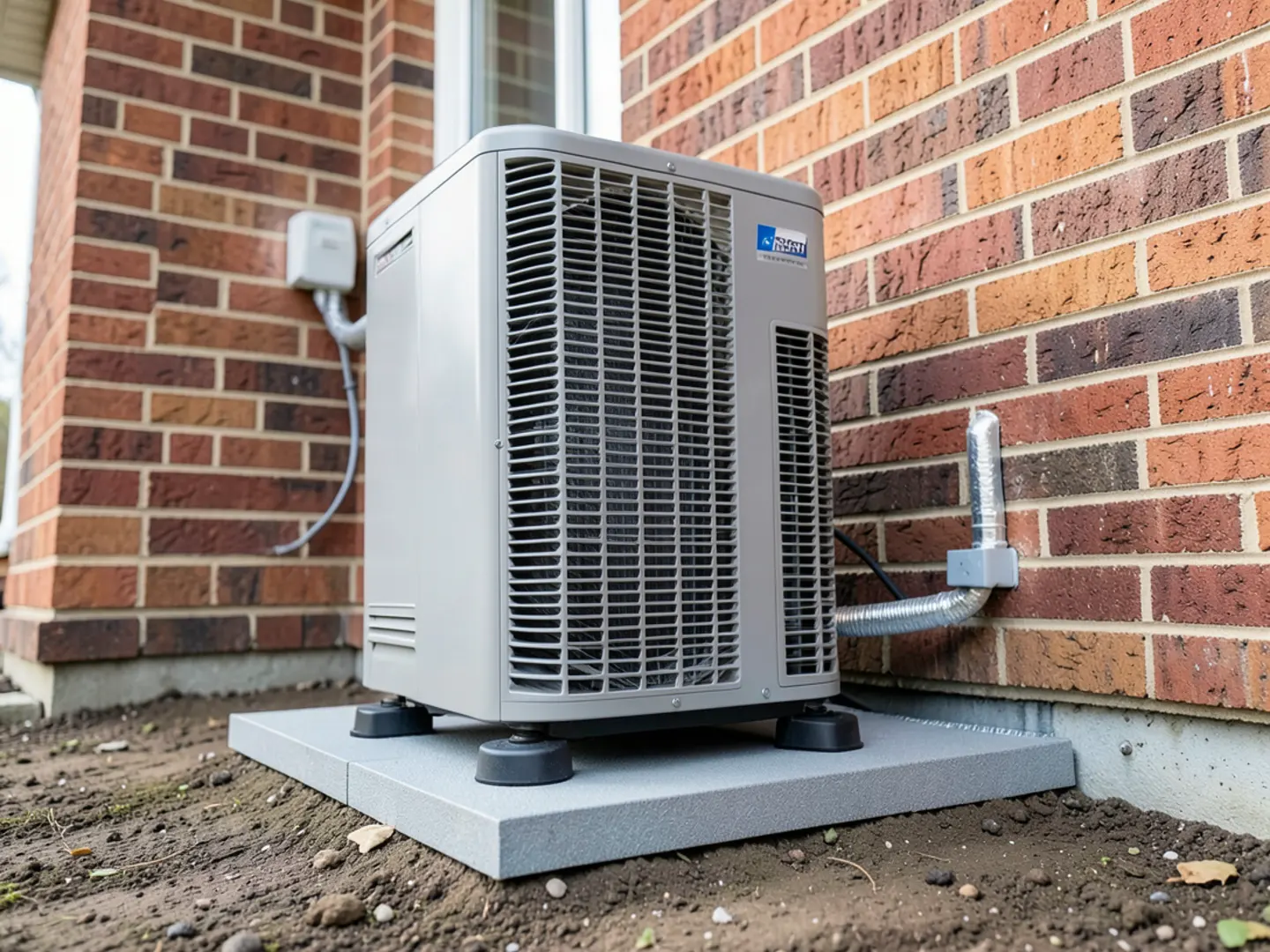 Outdoor heat pump unit seated on pad