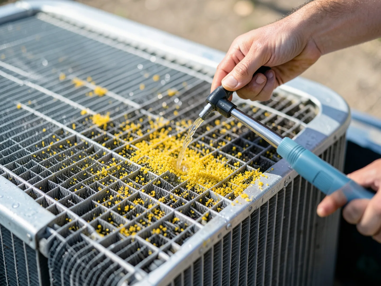 Rinsing yellow pine pollen from condenser coil fins